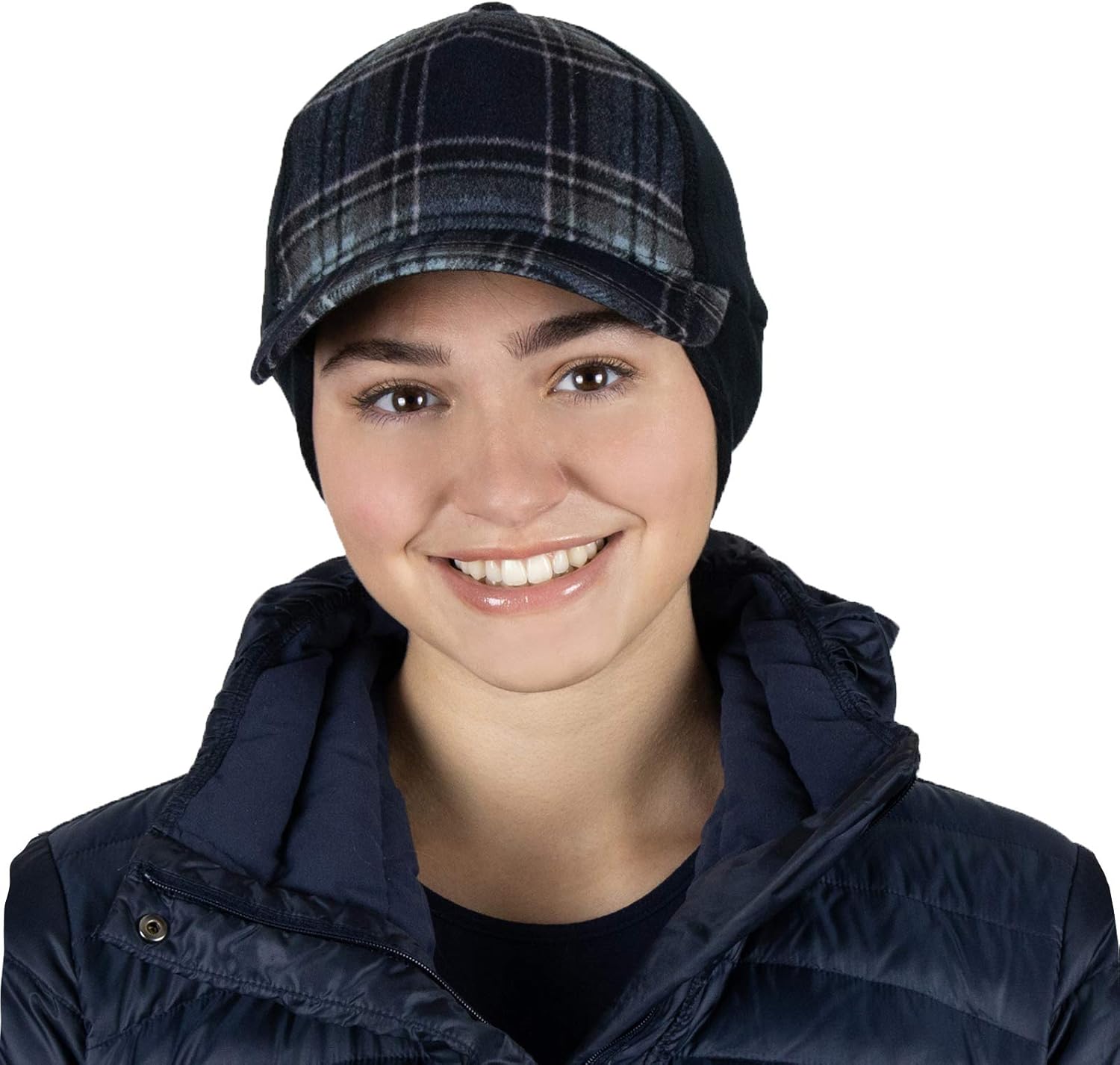 Women's Winter Ponytail Hat | Trucker Hat with Drop Down Ear Warmers - Blue Plaid at  Women’s Clothing store
