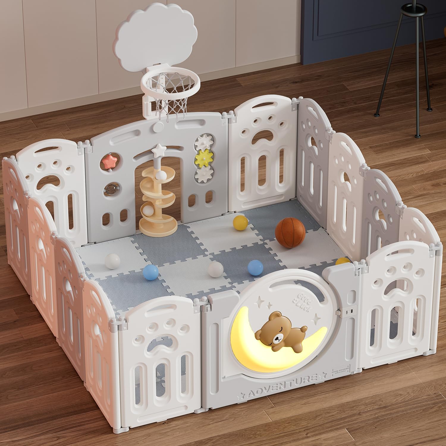 Adventure Bear Baby Playpen for Baby and Toddlers Foldable - Kids Play Pen Babies and Toddlers - Includes Play Mats, Activity Panel, Basketball Hoop & Balls (White/Grey)