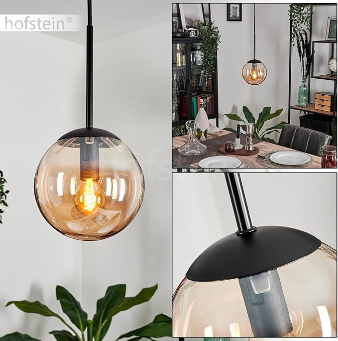 hofstein Hanglamp Gastor, hanglamp van metaal/glas in zwart/barnsteenkleuren, vintage/retro design met kap van glas (Ø 15 cm), hoogte max. 139,5 cm, 1 x E14, zonder lamp photo 2