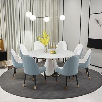 9PCS Round Dining Table Set - Marble White Modern Dining Table with Retractable Folding Design,35.4" to 59" Sintered Stone Dining Table for 8, Kitchen Table and Chairs Set for Dining Room Table