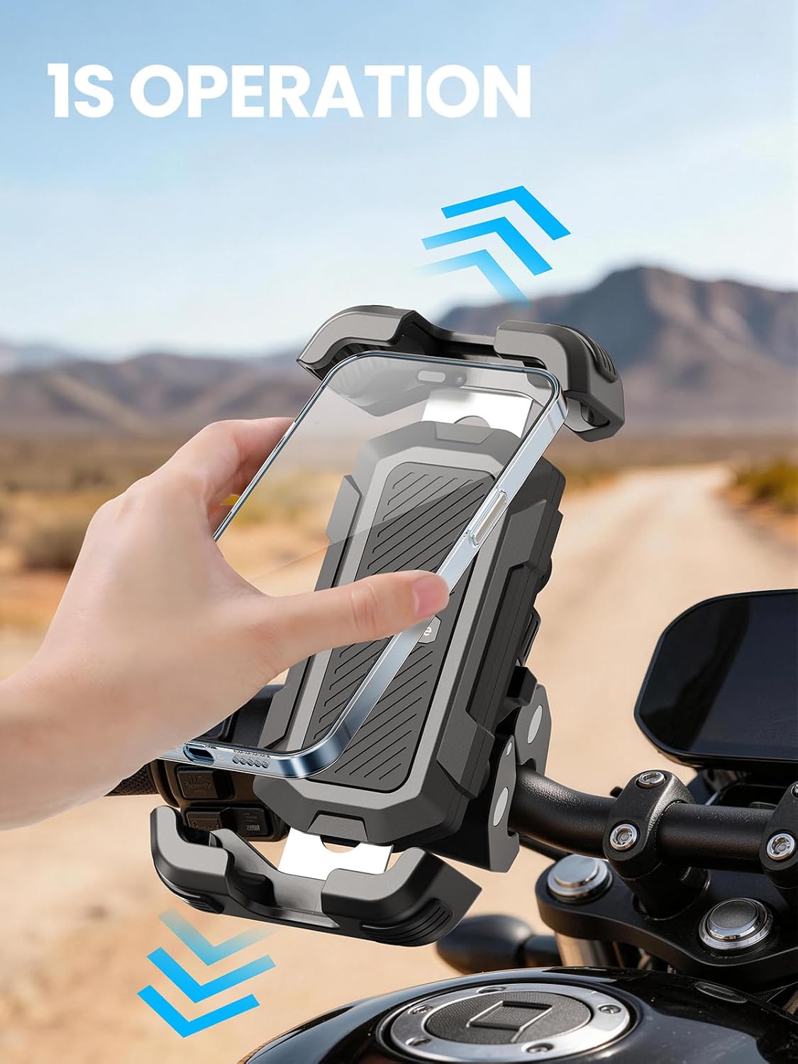 tounee Motorcycle Phone Holder Mount -Dual Vibration Dampener, Tool-Free Bike Phone Holder Handlebar Clip & Secure Lock for iPhone 16/15 Pro Max, 4.7-6.7" Phones - Black