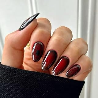 Halloween Press on Nails Medium Almond Fake Nails Nude Full Cover Red Spider False Nails with Designs Acrylic Artificial Nails for Women Girls 24Pcs