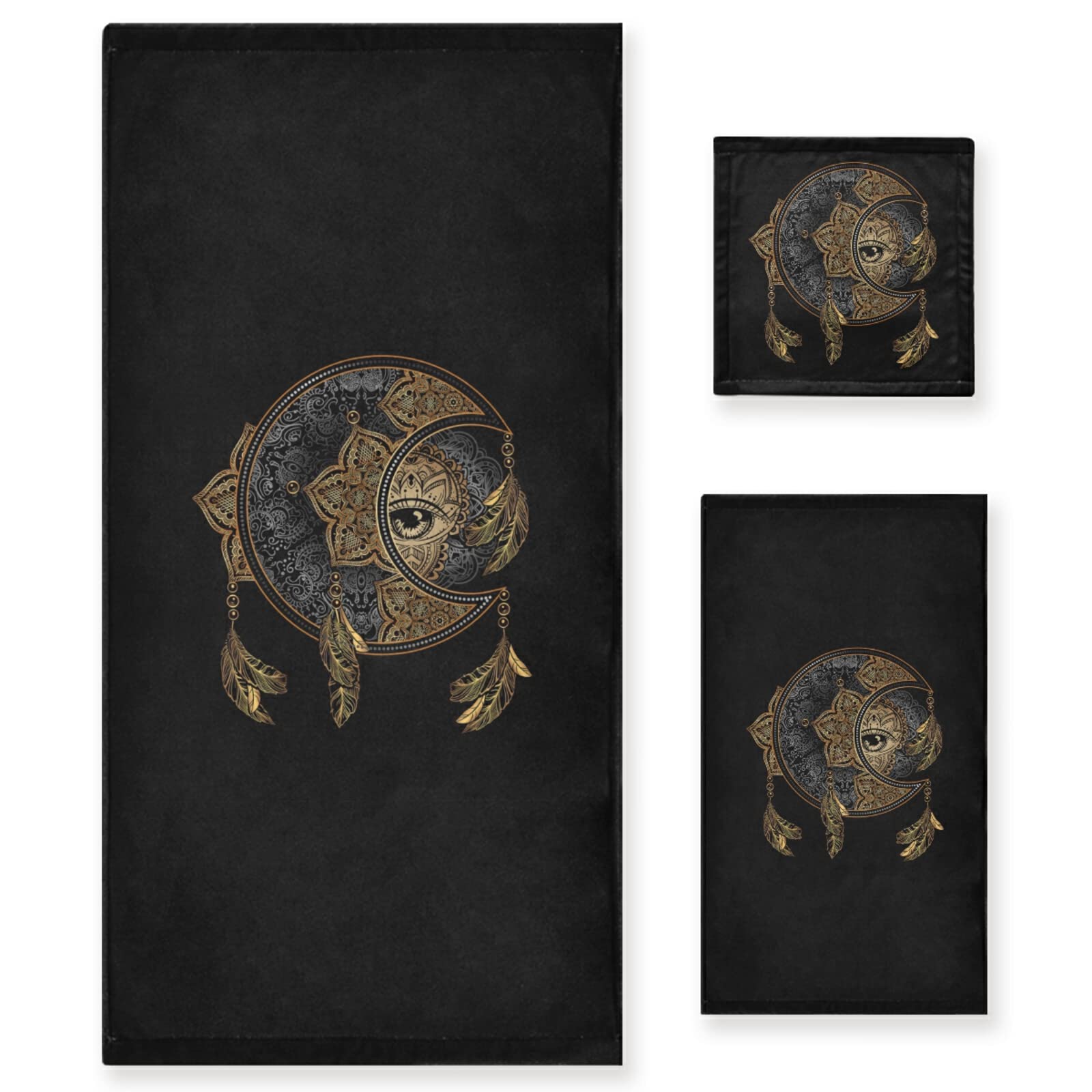 Poeticcity Golden Chic Tattoo Crescent Moon And Sun Mandala Astrology Set Of 3 Highly Soft Absorbent Cotton Towels, 1 Bath Towel, 1 Hand Towel, 1 Face Washcloth For Spa Bathroom Hotel Kitchen Gym