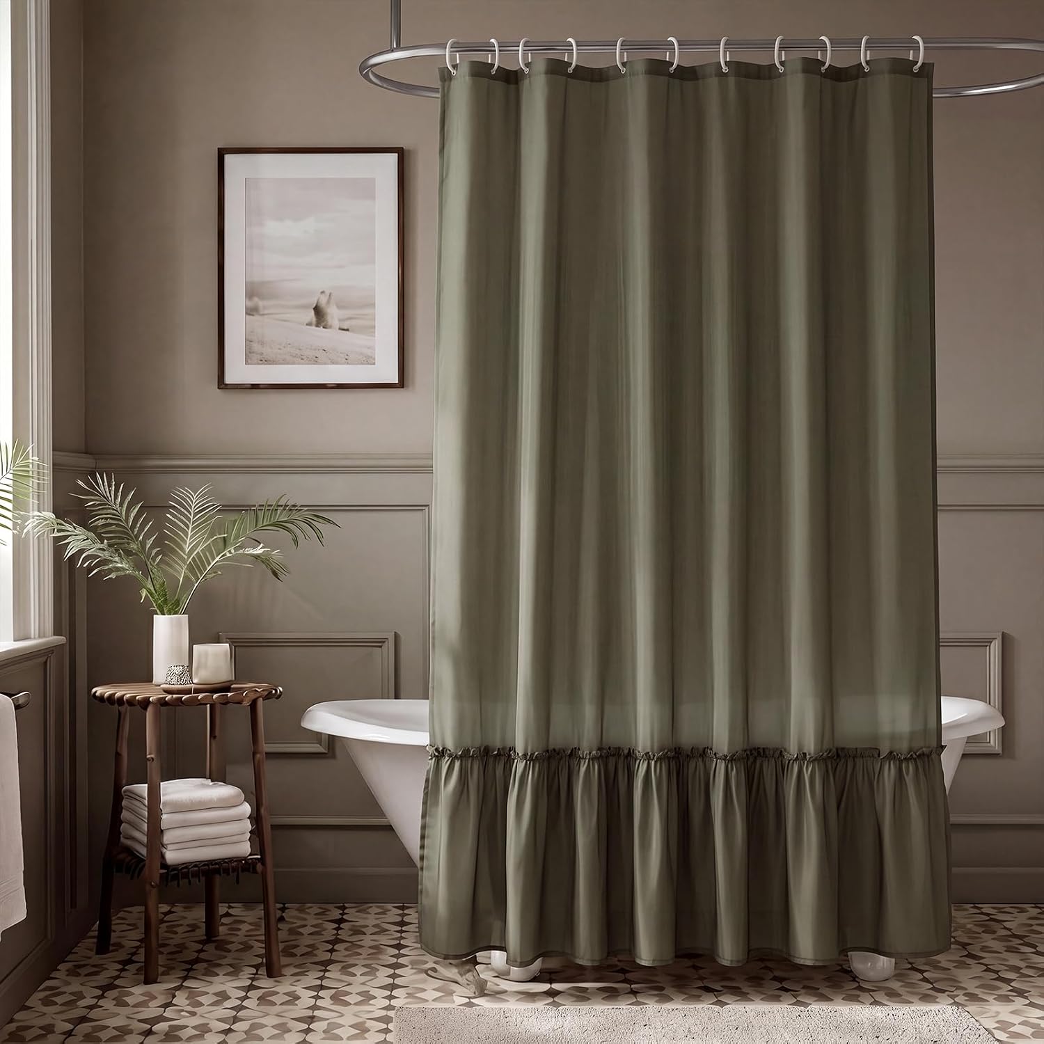 Ruffle Olive Green Shower Curtain Farmhouse Shower Curtain