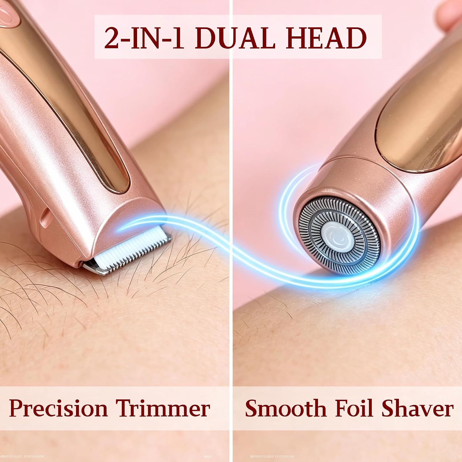 2-in-1 Bikini Trimmer for Women, Electric Lady Shaver IPX7 Waterproof with LED Display, USB Rechargeable Body Hair Trimmer for Bikini Line Underarm Legs Face (Rose Gold)