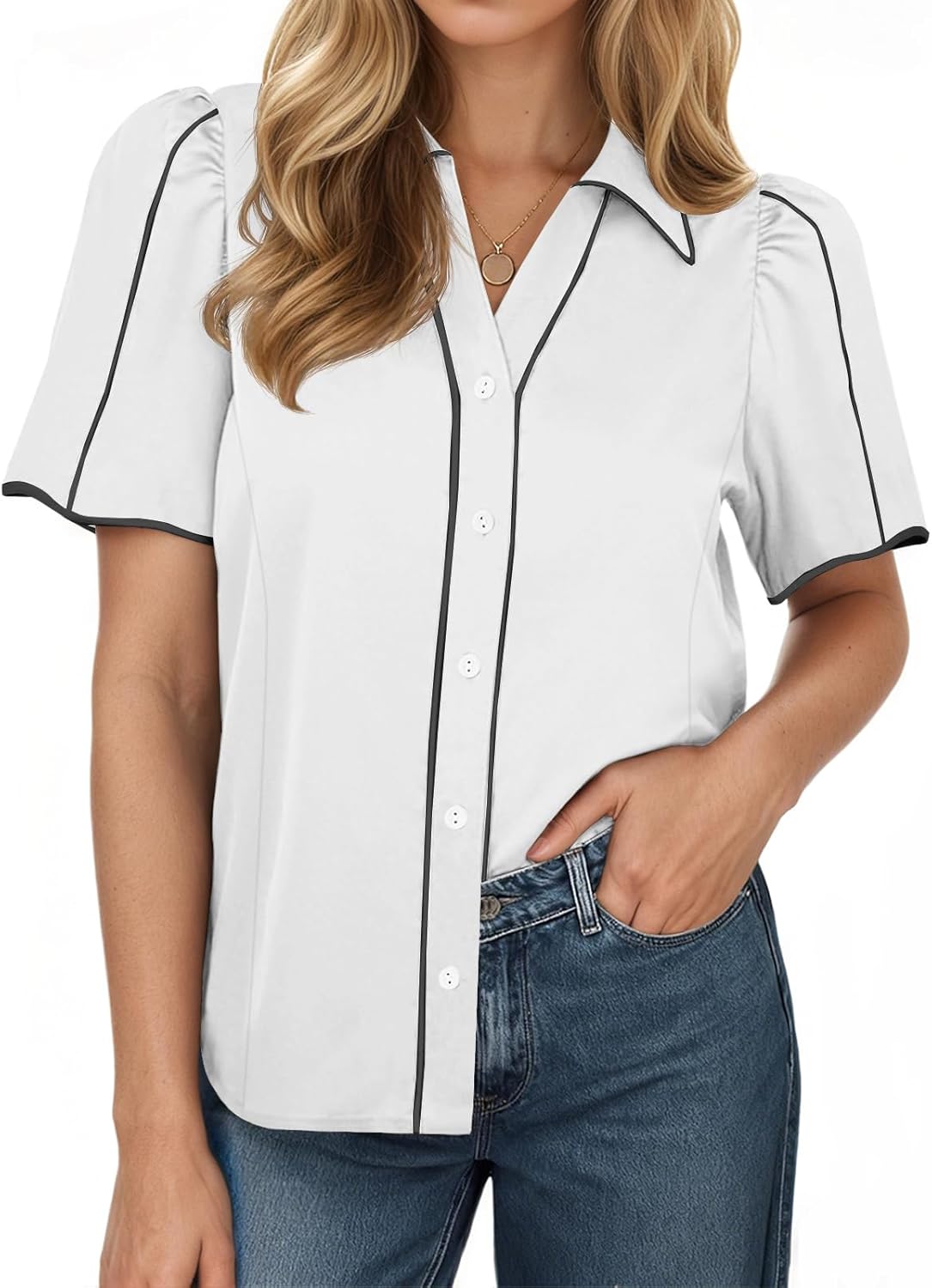 Tankaneo Womens Puff Short Sleeve Button Down Shirts Summer V Neck Color Block Tops Dressy Casual Blouse