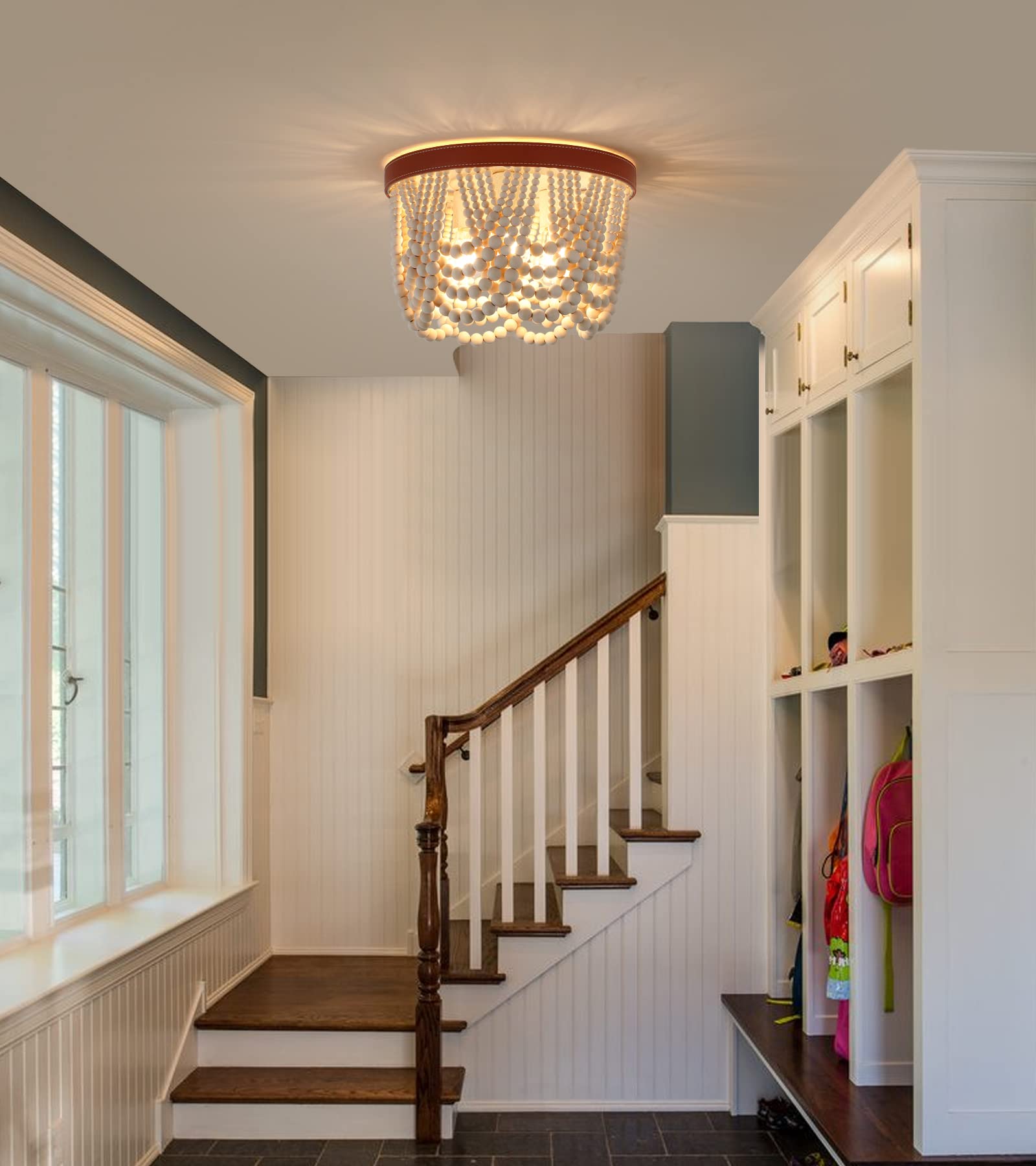 AMZASA Boho Wood Beaded with Leather Flush Mount Ceiling Light Farmhouse Beaded Chandelier Light Fixture for Bedroom Hallway Entryway Closet Kitchen Dining Room Laundry Nursery Room 3-Light