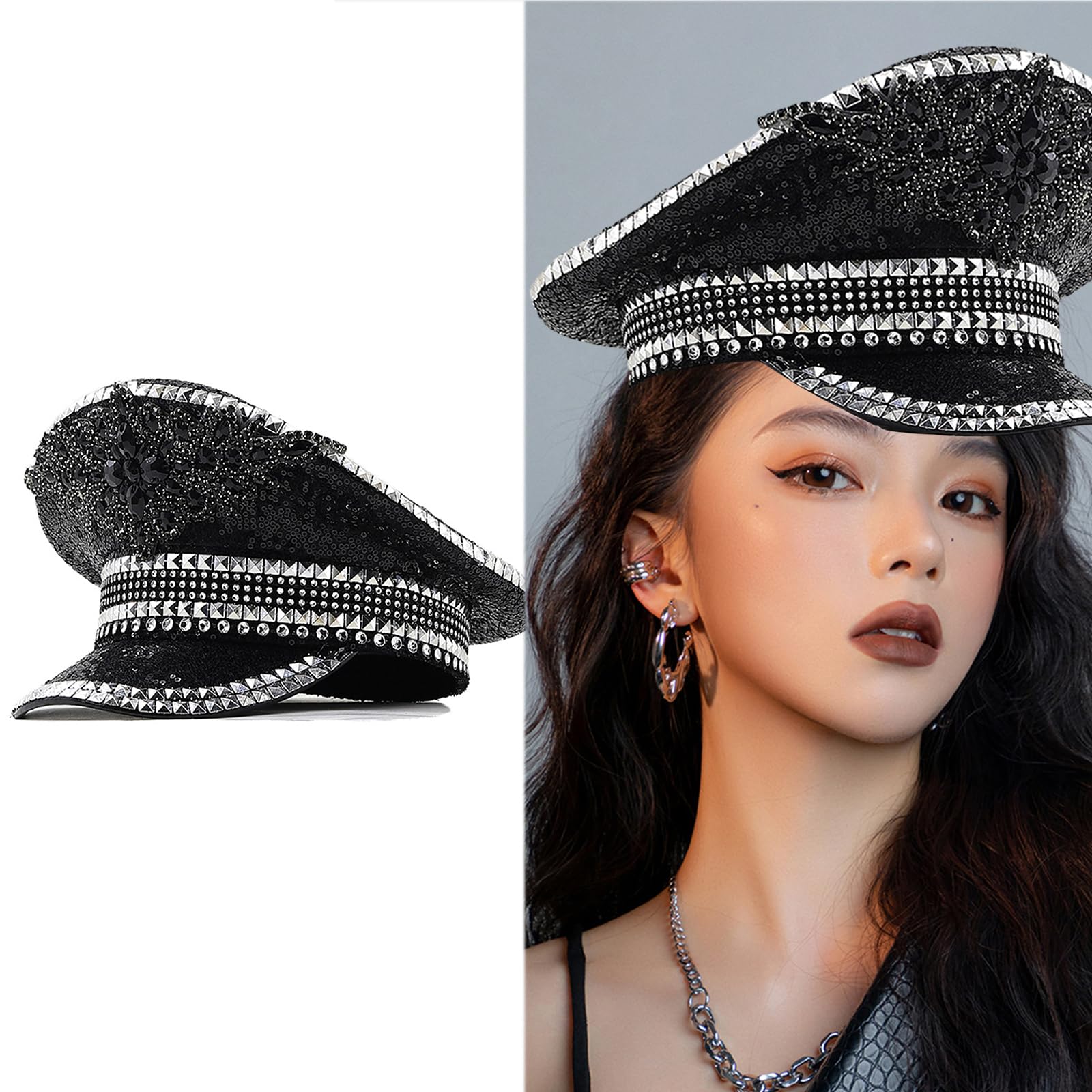 Cappello con Paillettes Strass per Cappello da Sergente da Sposa da Donna Cappello da Capitano per Feste di Compleanno alla Moda per Night Club