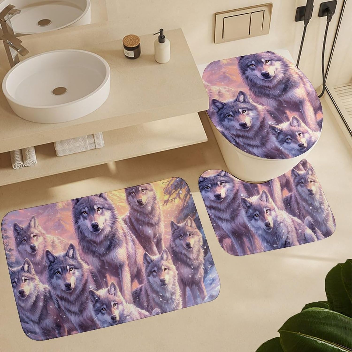 Wolf Snow Mountains Sunset Modern Bathroom Sets with Shower Curtain and Rugs Decor 4 Pcs with 12 Hooks