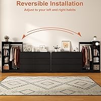 Vista 6 de Cómoda de 78 pulgadas de ancho con estante para colgar ropa, armario 3 en 1 con cajones y zapatero, baúl de almacenamiento alto de madera moderno