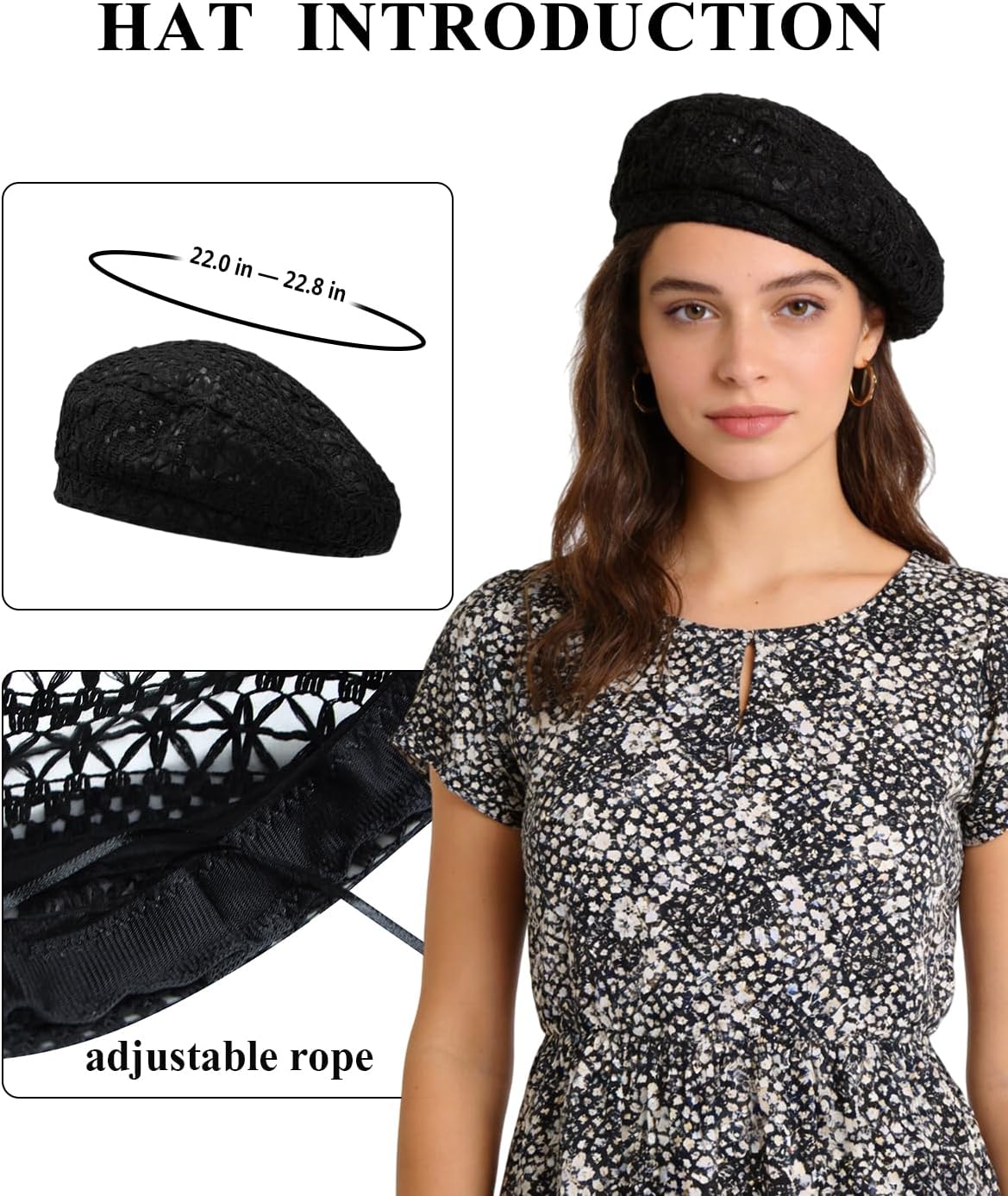 Womens Lace Beret Hat Vintage Hollow-Out Floral Beanie Breathable Spring Fall Summer Sun Cap