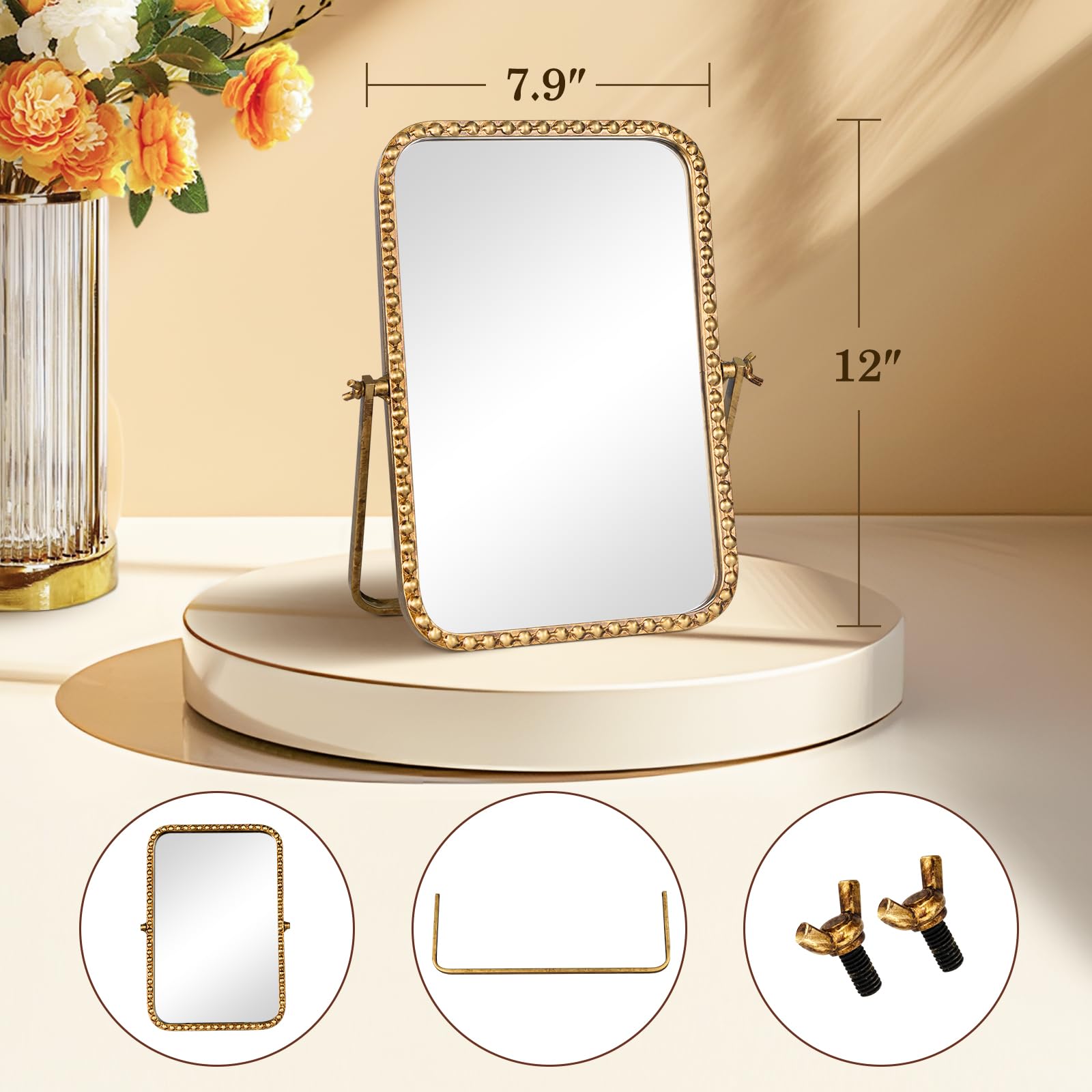 Vintage Standspiegel Antik Gold – Gewölbter Make-up-Spiegel Mit Perlen, 30x19,8 Cm, 360° Drehbar, Für Schminktisch & Reisen