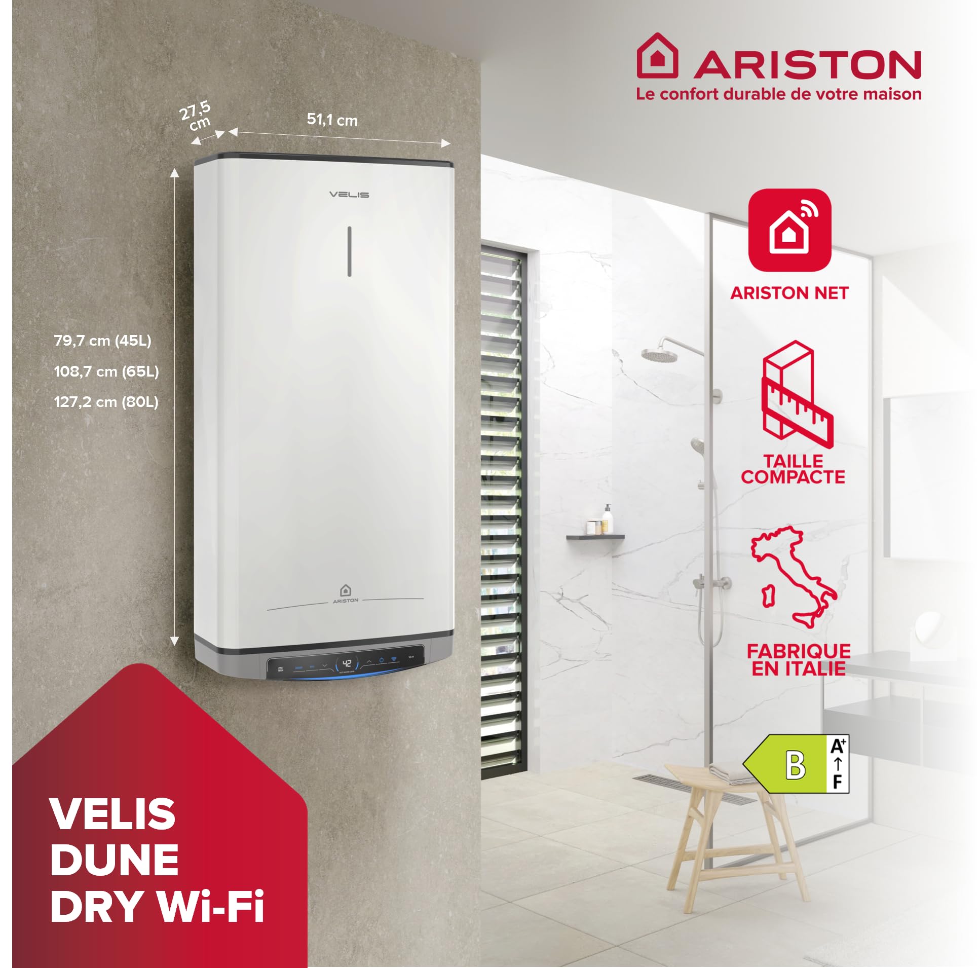 Chauffe-eau électrique Plat 65L U2013 Ariston VELIS EVO DUNE DRY WiFi U2013 25% D'Économie D'Énergie U2013 Intelligent & Connecté - Bricolage