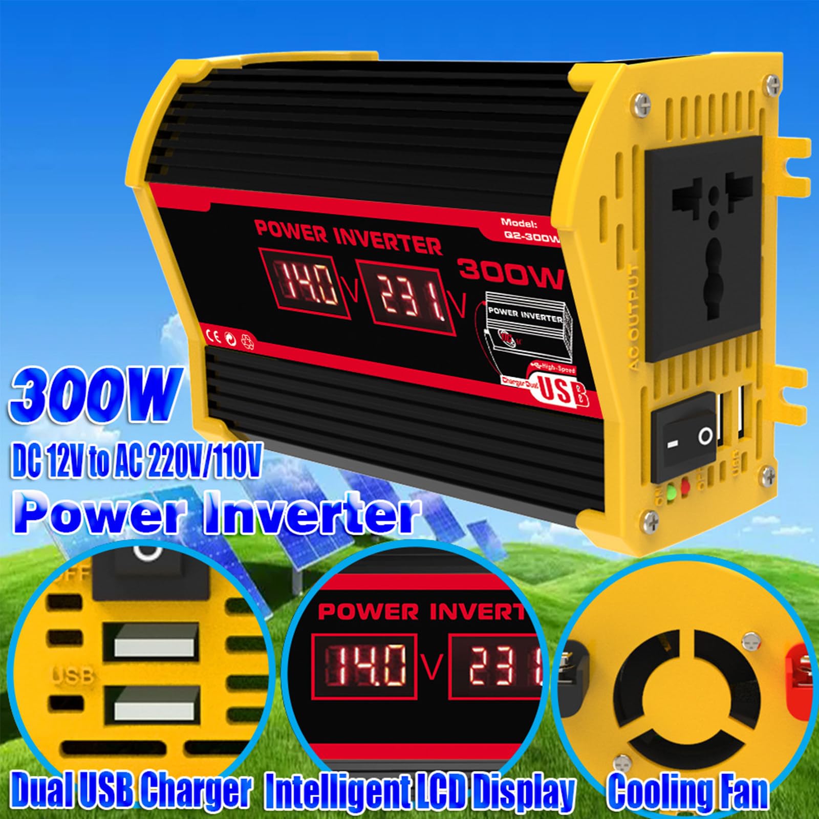 Inversor Solar híbrido para Coche, Fuera de la Red, de 12 V a 220 V/110 V, 300 W, para Coche, con conversión de Onda modificada de Alta frecuencia,Black-300W