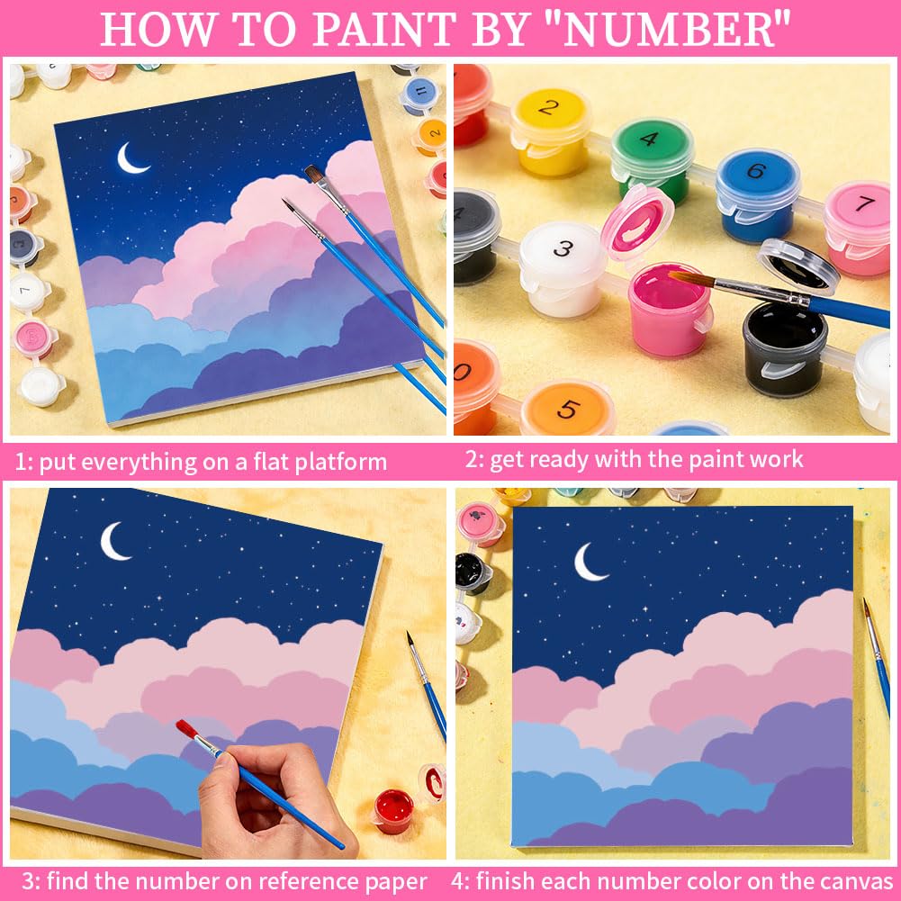 twinklemon Set di 12 dipinti per numero su tela per adulti con cornice, kit di pittura con numeri su tela, composto da 10 colori di pigmenti e pennelli per principianti, 20 x 20 cm