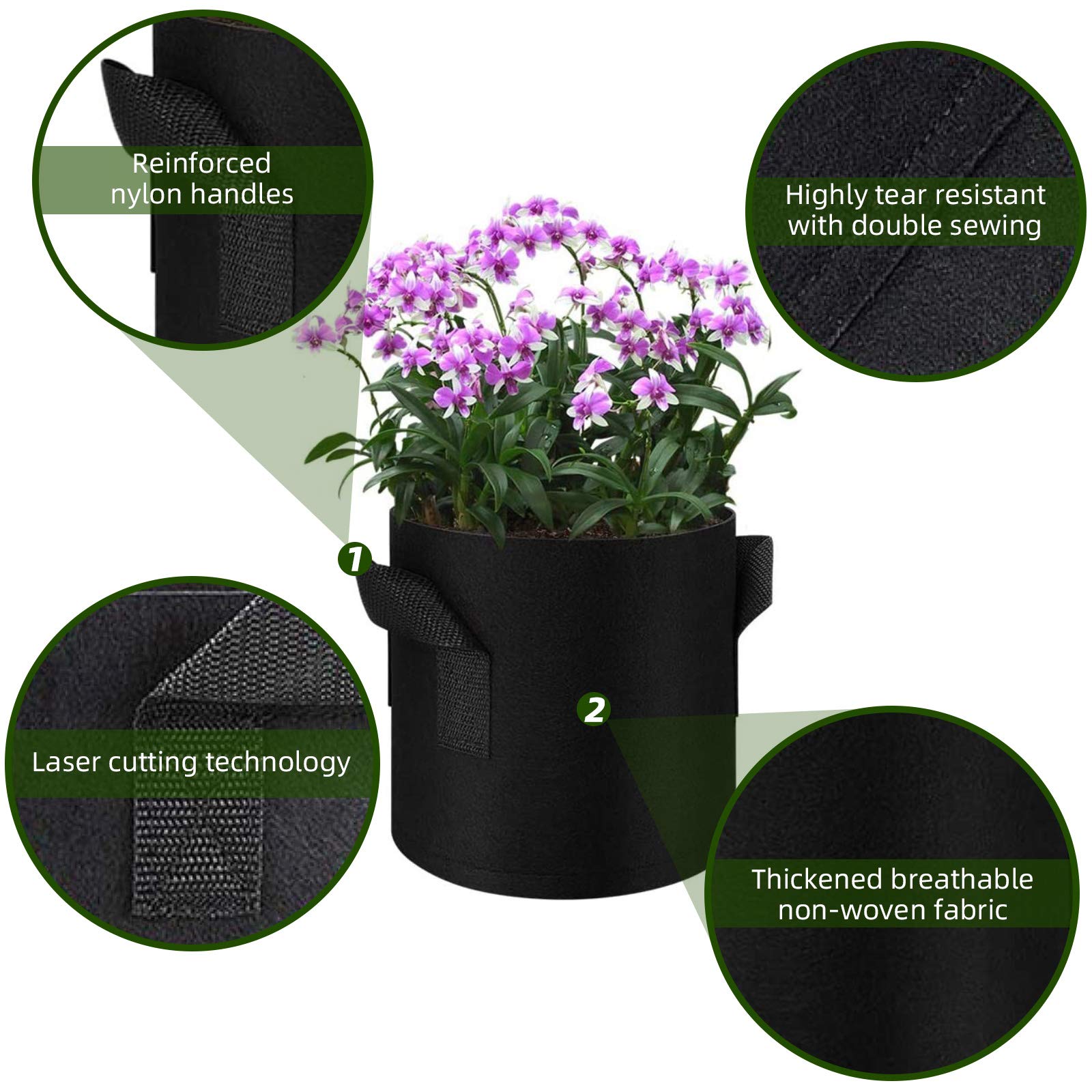 Paquete de 12 bolsas de cultivo de plantas de 15 galones, contenedores de bolsas de vegetales, macetas de tela no tejida gruesa con asas, plantas, frutas al aire libre (negro)
