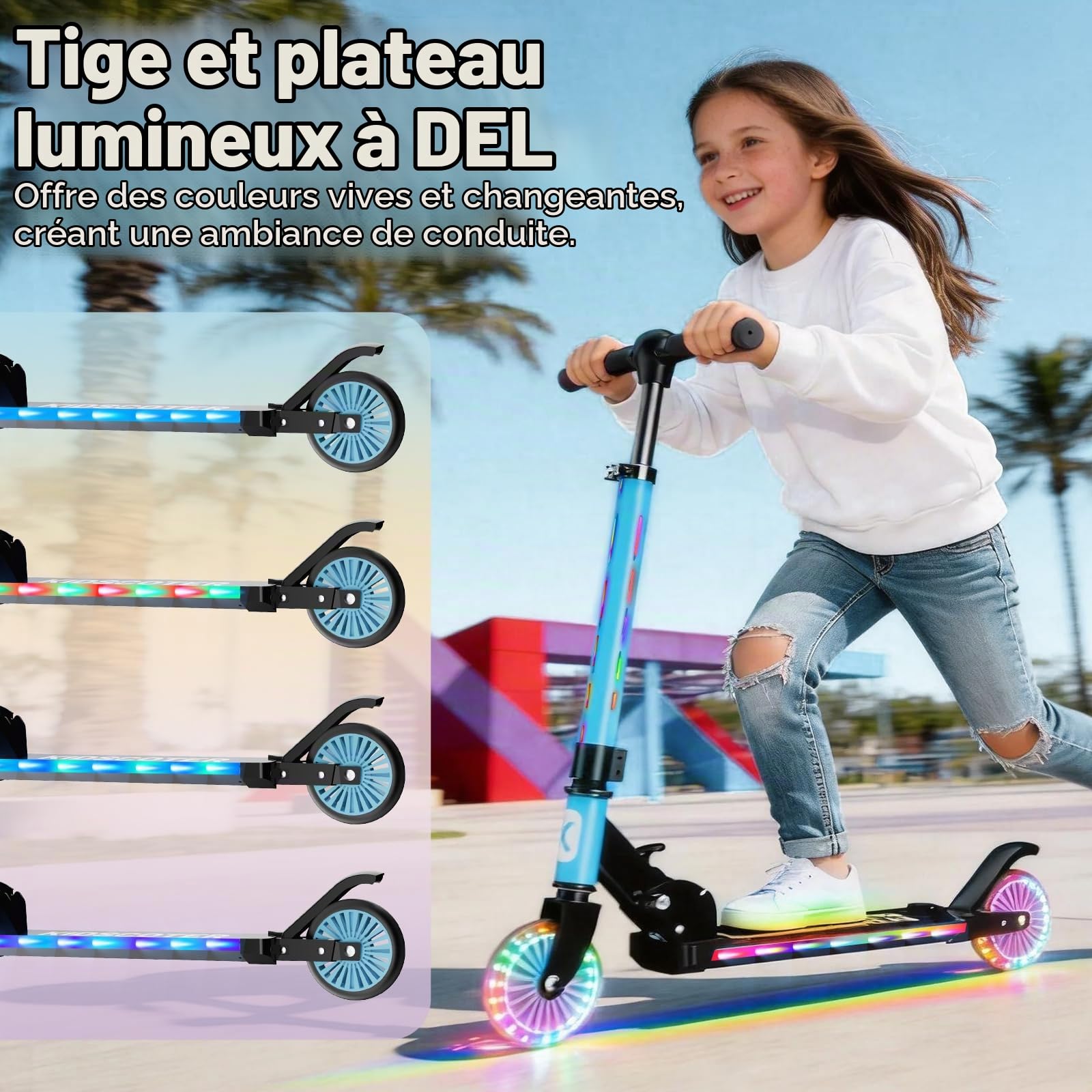 Trottinette à 2 roues pour enfants de 3 à 12 ans, roues lumineuses et tige à DEL, hauteur réglable et pliable, trottinette de sport légère pour filles et garçons avec béquille