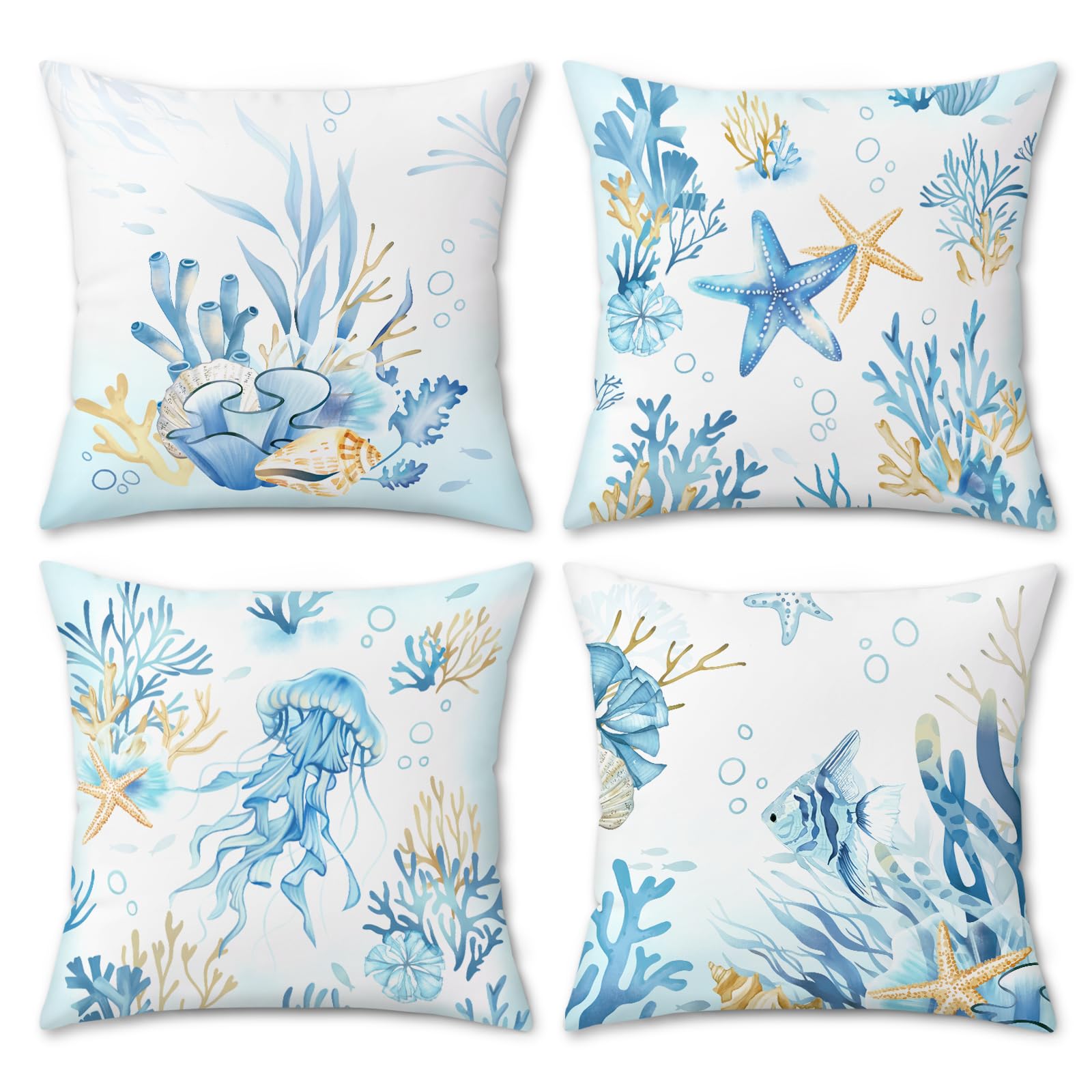COZZSNUGE Coastal Cushion Covers Beach Jellyfish Coral Starfish Fish Blue Ocean Themed Velvet Decorative Pillowcases for Sofa Bed Home Patio 45 x 45 cm Set of 4