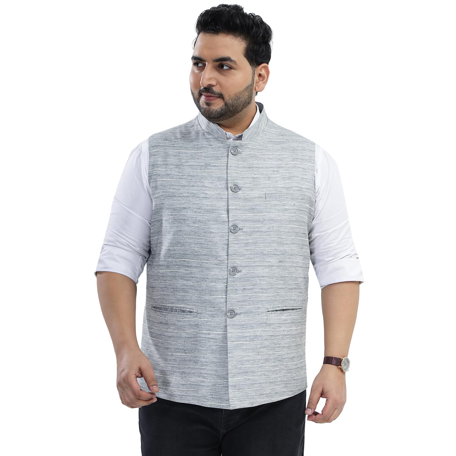 Plus Size Men Regular Fit Striped Cotton Blend Grey Nehru Jacket (JPNJ7534_Grey)