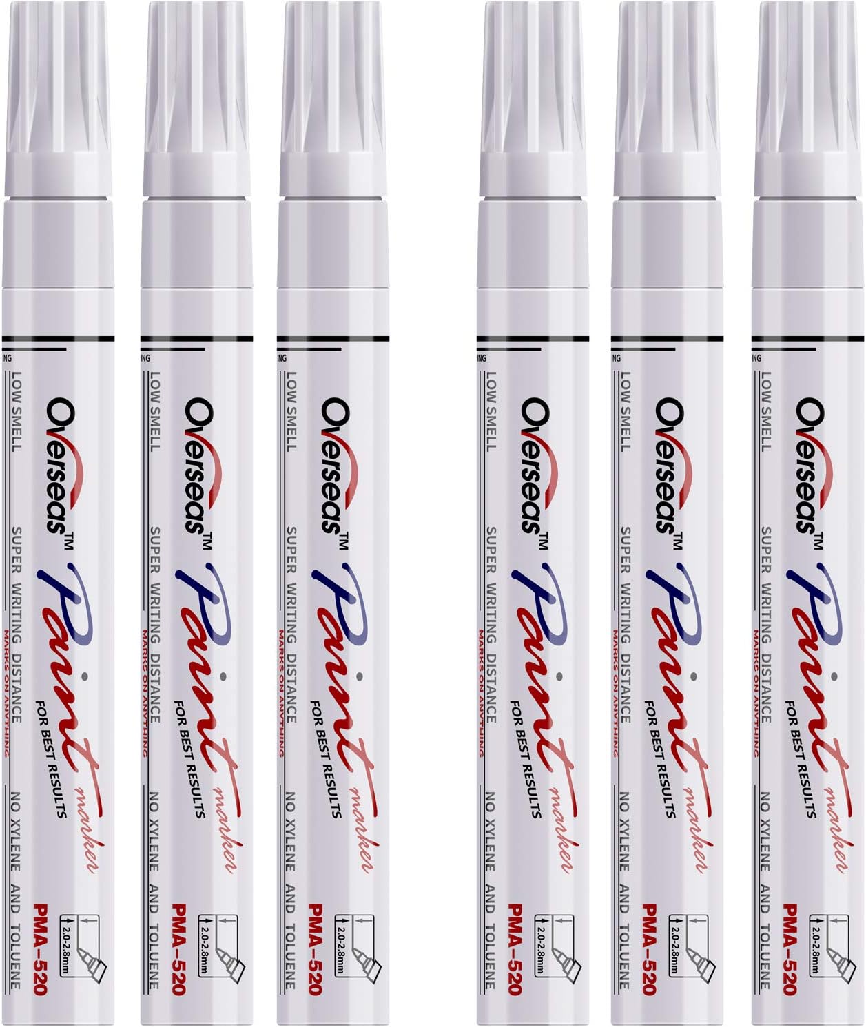 Overseas White Paint Markers Pens - Single color 6 Pack Permanent Oil Based Paint Pen, Medium Tip, Quick Dry and Waterproof Marker for Rock, Wood, Metal, Plastic, Canvas, Glass, Mugs, Rubber, Ceramic