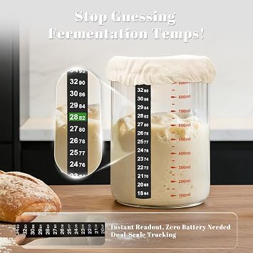 Pro Sourdough Starter Kit 34 Oz Glass Jar With Lid, Cloth Cover, Date Band, Temp Strip Sourdough Bread Baking Supplies, Glass Container, Pink