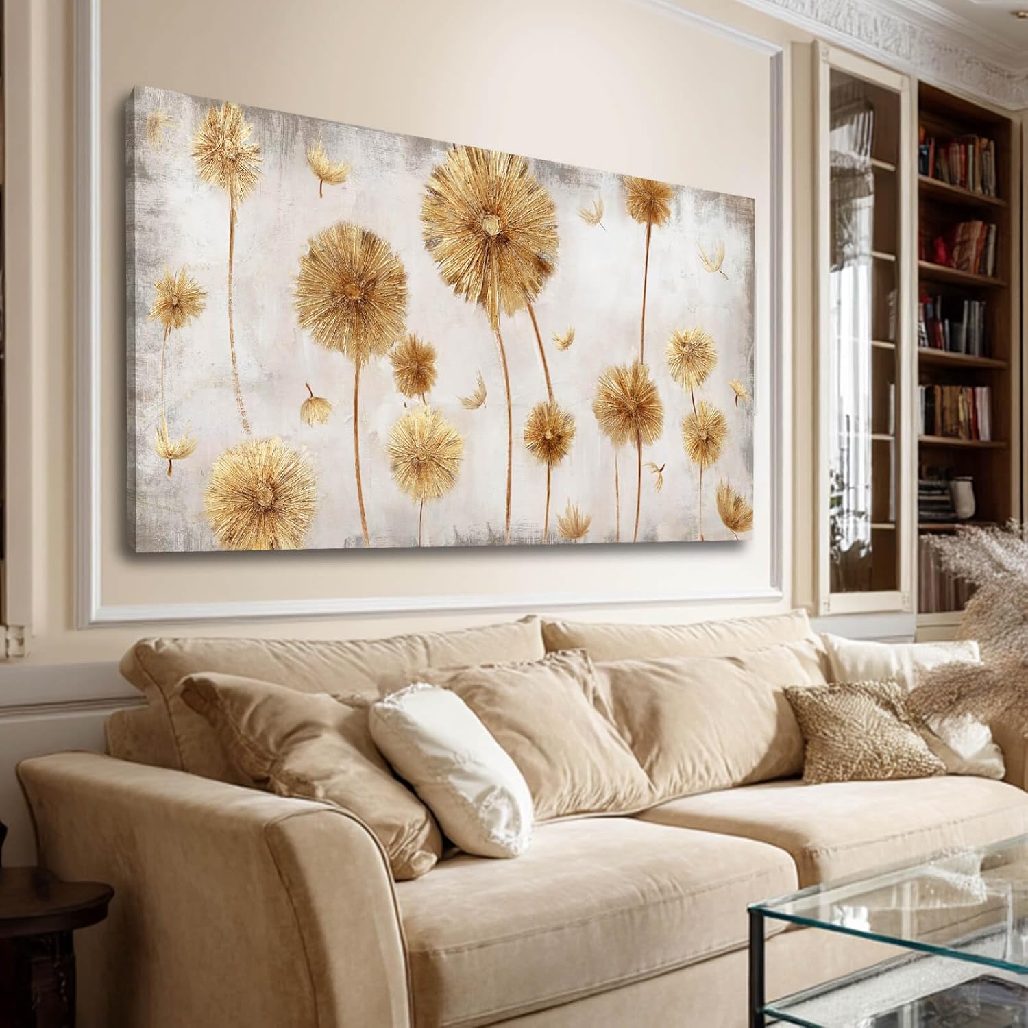 Framed Canvas Wall Art Gold Dandelion Wall Prints Living Room Artwork Grey Picture Wall Decor for Bedroom 20"x 40" Office Painting Home Decor 20"x40" Gold Flower