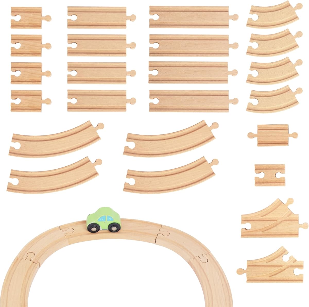 Wooden Train Tracks, 24Pcs Track Expansion Wooden Railway System | 100% Compatible with All Major Brands Including Brio, Thomas, Melissa and Doug