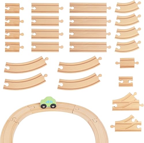 Juego de 24 pistas de tren de madera, expansión de vías y 9 piezas distintas, 100% compatible con todas las principales marcas, incluido el sistema