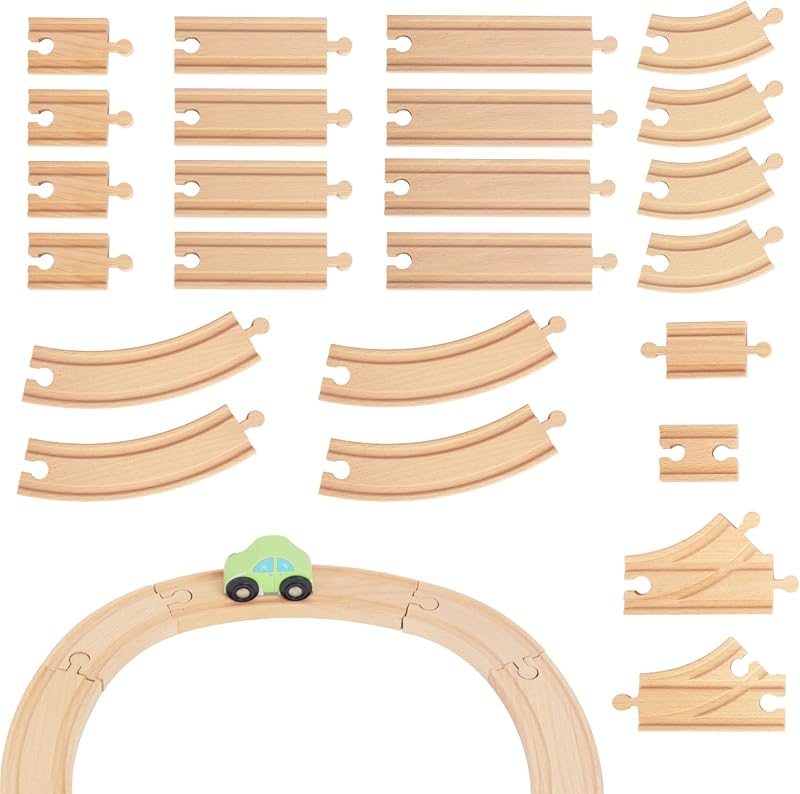 Wooden Train Tracks, 24Pcs Track Expansion Wooden Railway System | 100% Compatible with All Major Brands Including Brio, Thomas, Melissa and Doug