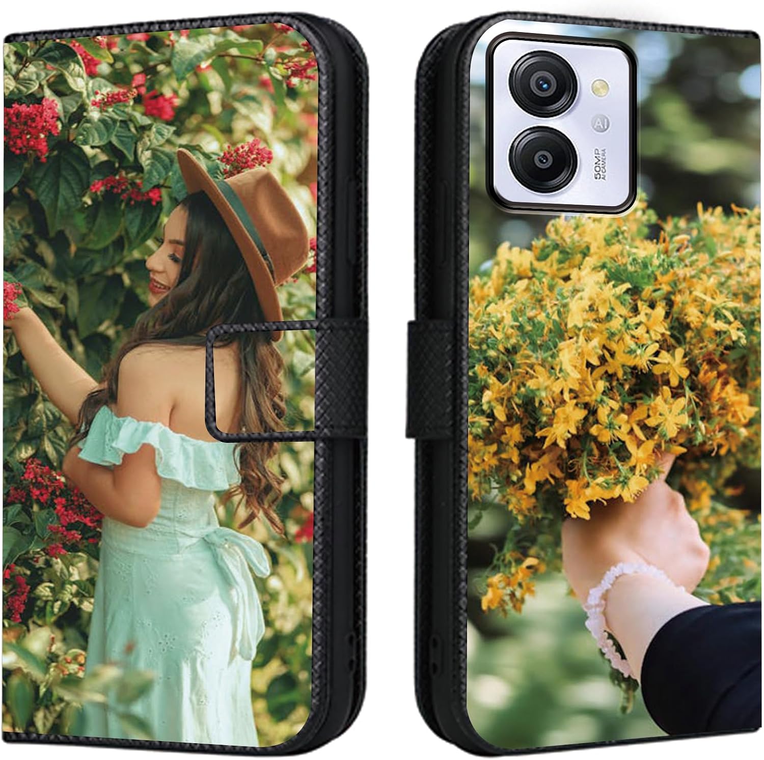 Lederh lle f r Oppo A54 5G Personalisierte Handy H llemit Eigenem Foto Bild Text Individuelle Schutzh lleLeder Flip Case Schutzh lle Sto fest H lle -SAMHD-Black