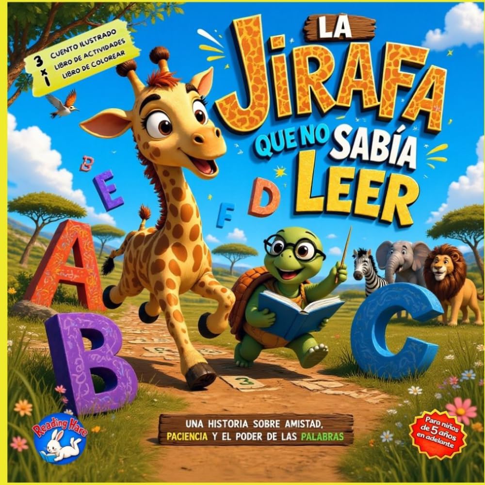 LA JIRAFA QUE NO SABÍA LEER: 3 libros en 1 para aprender jugando : Cuento + Libro de colorear + Libro de actividades -: Aprender a leer con textos de ... para primeros lectores a partir de 5 años