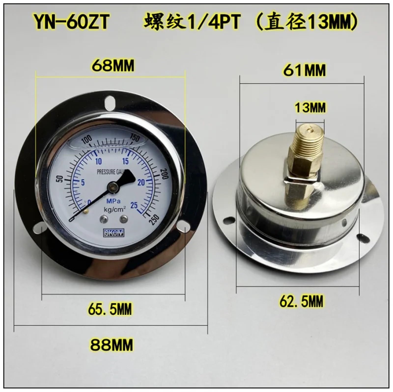 YN60ZT ciśnieniomierz z mosiężnym mechanizmem zegarowym 6,35 cm (2,5 cala) 60 mm, manometr z montażem tylnym, odporny na uderzenia, olejowany miernik ciśnienia (50 kg)