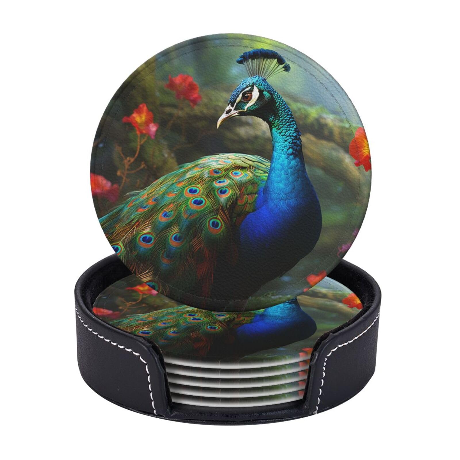 6PCS Drink Coasters with Holder, 4" Leather Coasters for Drinks, Colorful Peacock Cup Coasters for Coffee Table Decor, Non-Slip Drinking Cup Mat for Hot or Cold Drink