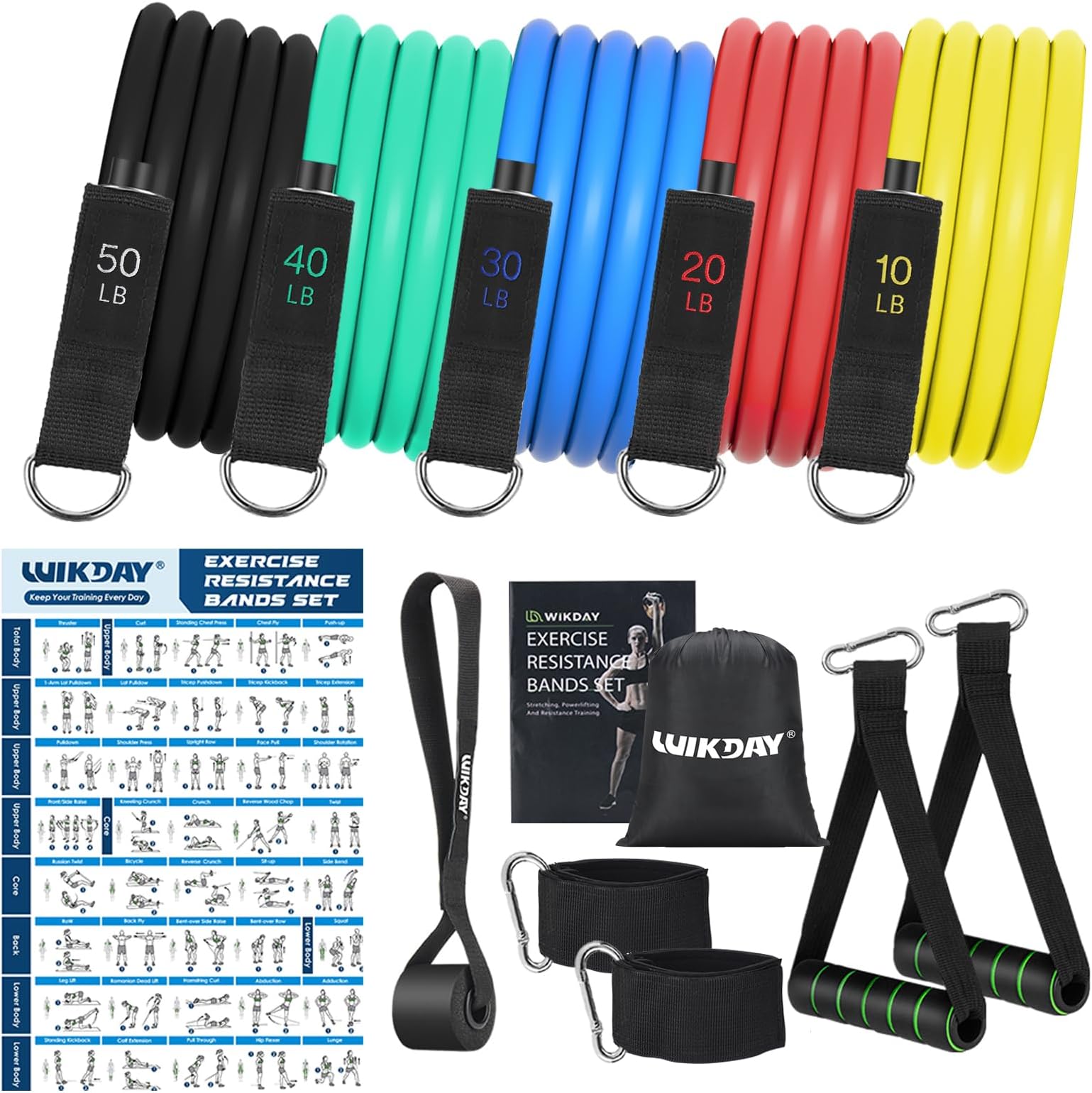 WIKDAY Resistance Bands for Working Out Exercise Bands Workout Bands Set with Handles, Door Anchor, Ankle Straps for Men & Women Body Stretching, Crossfit Training Equipment, Home Workouts