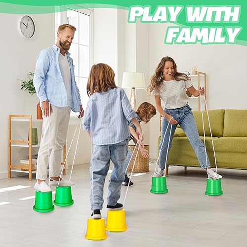 Miniatura 10 de Meooeck 2 pares de zancos para caminar, cubo de equilibrio, zancos de plástico grueso con cuerda ajustable para coordinación de equilibrio de niños,