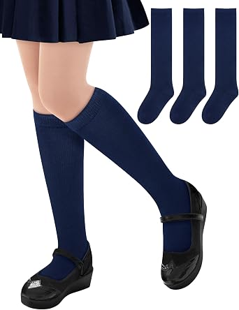 Sarfel 3 Pairs Girls Knee High Socks School Uniform Sock Long Socks for Girls Boys Seamless Dress Sock Cotton 3-18 Years