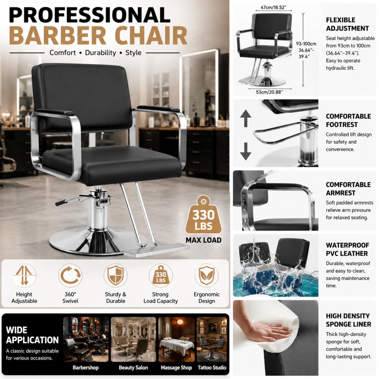 Salon-Friseurstuhl,höhenverstellbarer hydraulischer Salonstuhl mit Kopfstütze und Fußstütze,360° drehbarer Friseurstuhl,drehbarer Rasier-Styling-Stuhl für Friseur,Beauty,Spa,Tattoo (Schwarz)