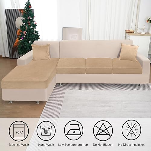 Miniatura 6 de BT.WA Fundas de sofá para sofá de 3 cojines y 1 funda de diván de terciopelo seccional, fundas de sofá separadas en forma de L con 2 fundas de