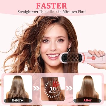 DENTAISyn Cordless Hair Straightener Brush - Portable Hair Brush for Travel - 30s Fast Heating - Portable Straightening Brush for Travel, Mini Hot Straightening Comb for Women