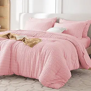 MUXHOMO 7 Pieces California King Comforter Set, Seersucker Bed in a Bag Cal King Size, All Season Luxury Bedding Set with Comforter, Flat Sheet, Fitted Sheet, Pillowcases & Shams, Pink