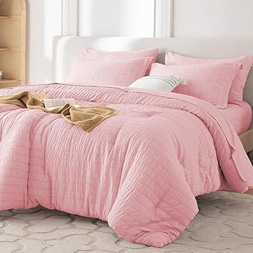 MUXHOMO 5 Pieces Twin XL Comforter Set, Seersucker Bed in a Bag Twin XL Size, All Season Luxury Bedding Set with Comforter, Flat Sheet, Fitted Sheet, Pillowcase & Sham, Pink