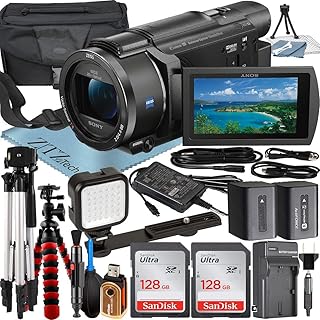 Sony FDR-AX53 4K Ultra HD Handycam Camcorder with 2 Pack 128GB SanDisk Memory Card + LED Light Flash + Case + Tripod + ZeeTech Accessory Bundle