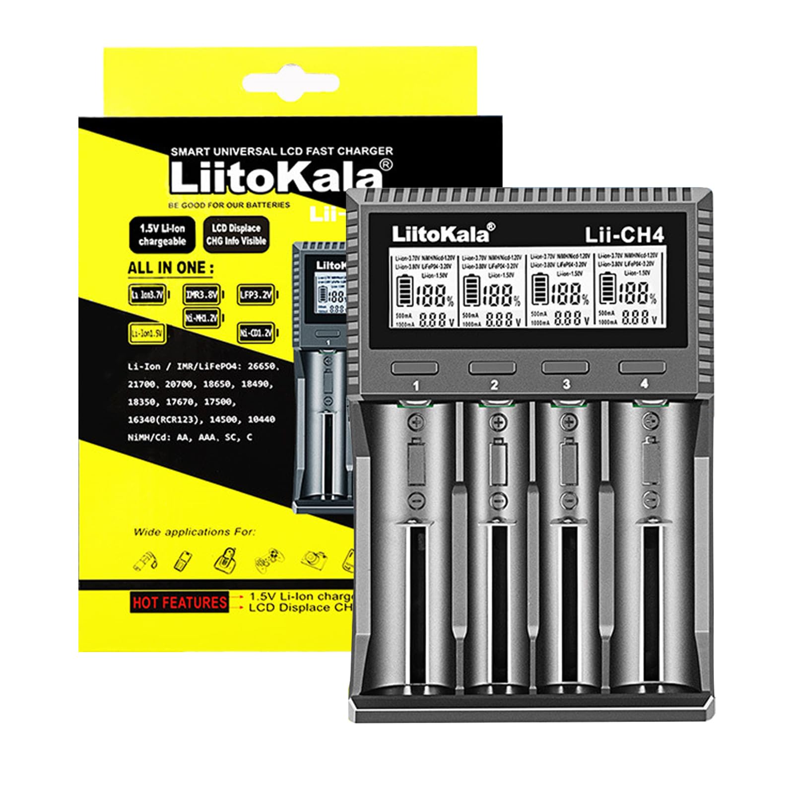 Szybka ładowarka Liitokala LII-CH4 z 4 wnękami do akumulatorów litowo-jonowych 1,5/3,7 V/3,85 V i LiFePO4 3,20 V i NiMH/NiCd 1,2 V, 10440,14500,16340 (RC123), 17500 0,1766 70,AA, AAA, SC, C