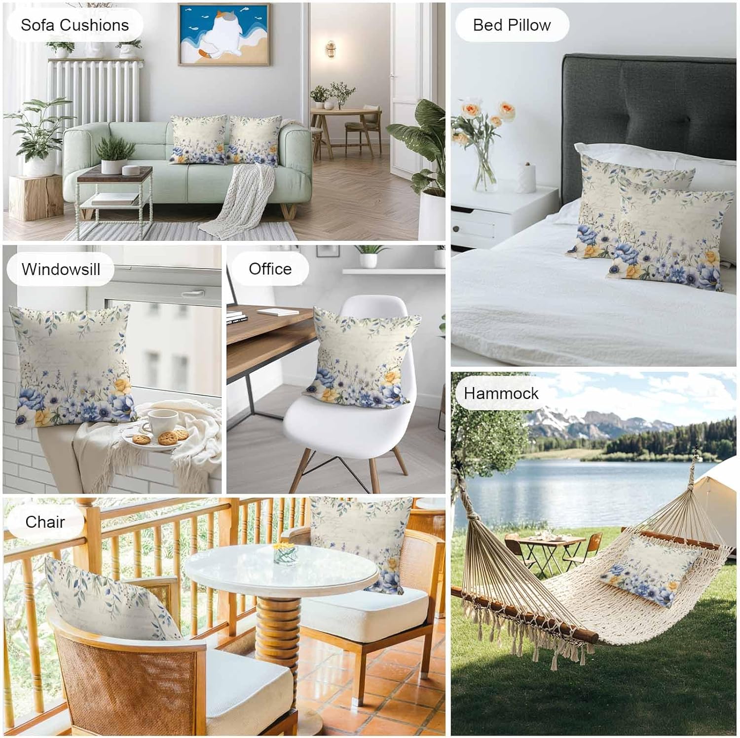 Blue Spring Floral Outdoor Waterproof Pillow Covers, Summer Botanical Flowers Vintage Decorative Square Throw Pillowcase Sofa Cushion Sham for Patio/Couch/Chair, 20"x20" 2 Pack