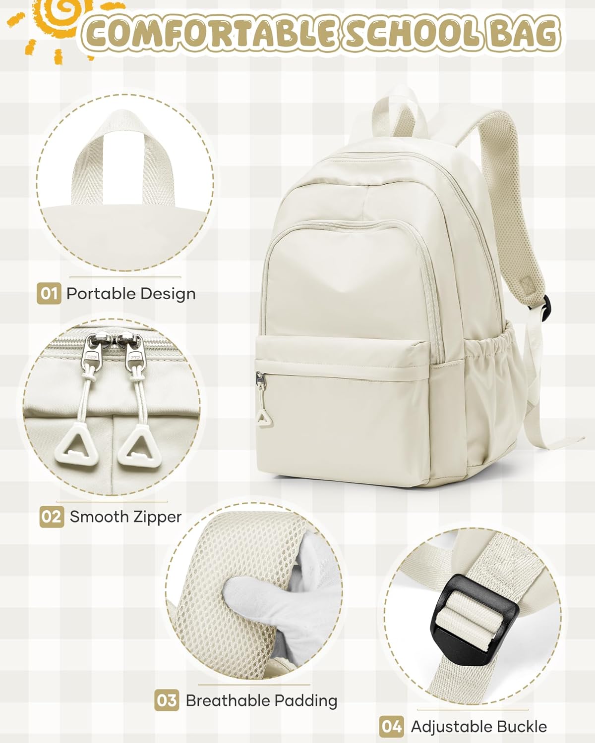 winspansy Backpack for School Teenage Girls Boys,Waterproof Lightweight School Bags Travel Daypack Simple Cute College Backpack Rucksack for Women Men fit 14 Inch Laptop,Beige - Image 3