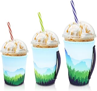 3 Pack Iced Coffee Sleeve with Handle, Spring Forest | Reusable Neoprene Insulator Cozy, For 16-32oz Coffee Cups, Sleeves For Cold & Hot Drinks Beverages