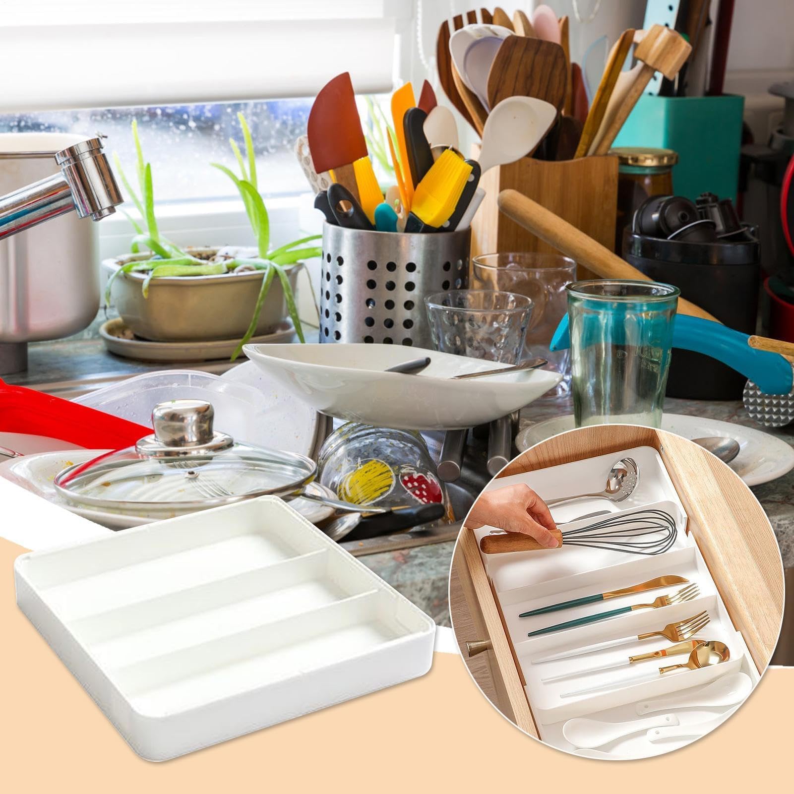 Bandeja de cubiertos expandible, organizador de cajones de cocina para cucharas y tenedores, divisor de almacenamiento para el hogar, oficina, restaurante, soporte para utensilios