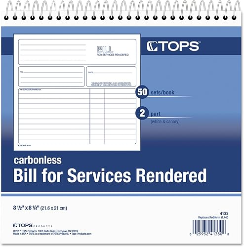 Miniatura 3 de TOPS Libro renderizado de 2 partes de facturas autocopiativas para servicios, 8.5 x 8.25 pulgadas, 50 hojas, blanco, (4133)