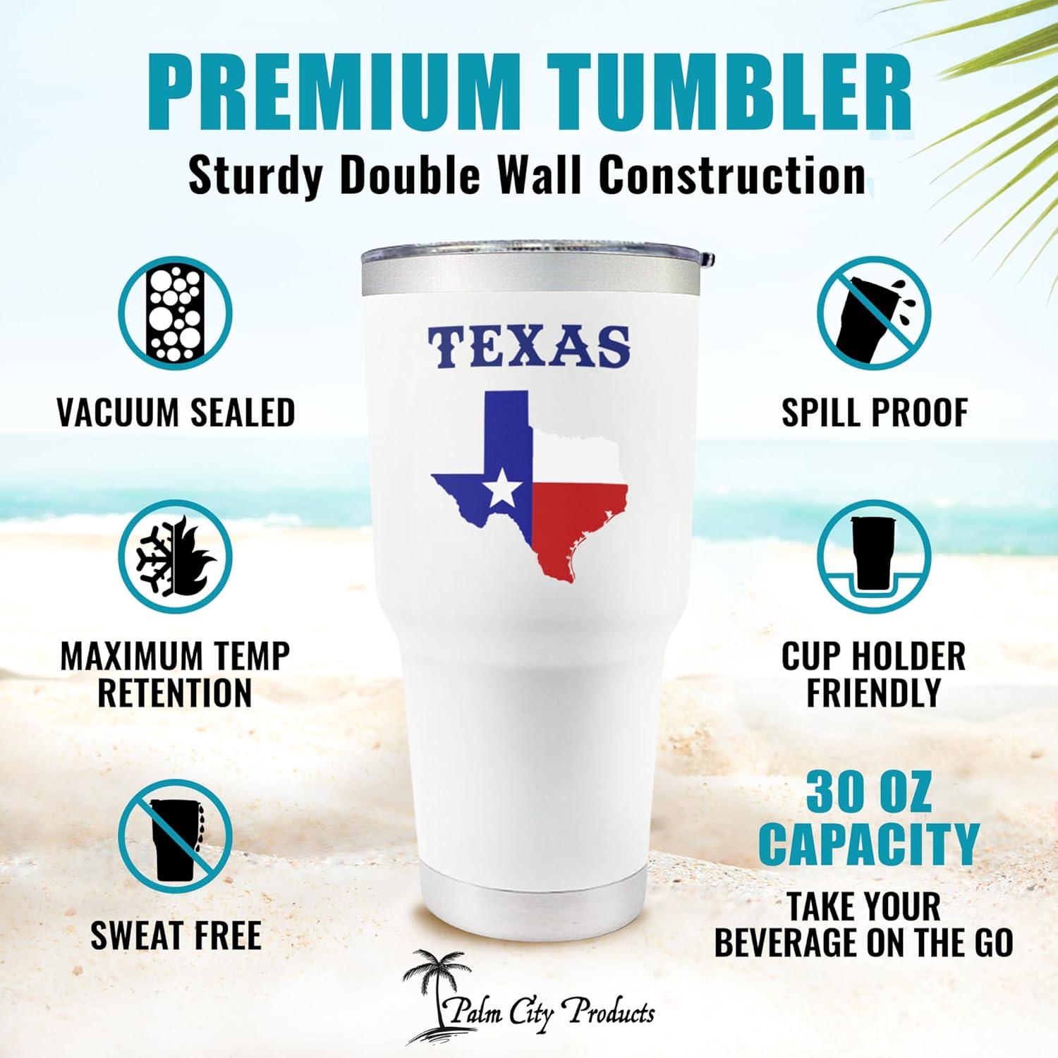 Palm City Products Premium 30 oz Texas Tumbler with Slider Lid | White Stainless Steel Insulated Cup | Texas Map & Flag | Ideal for Hot & Cold Drinks | Excellent Souvenirs & Gifts for Texans - Image 4