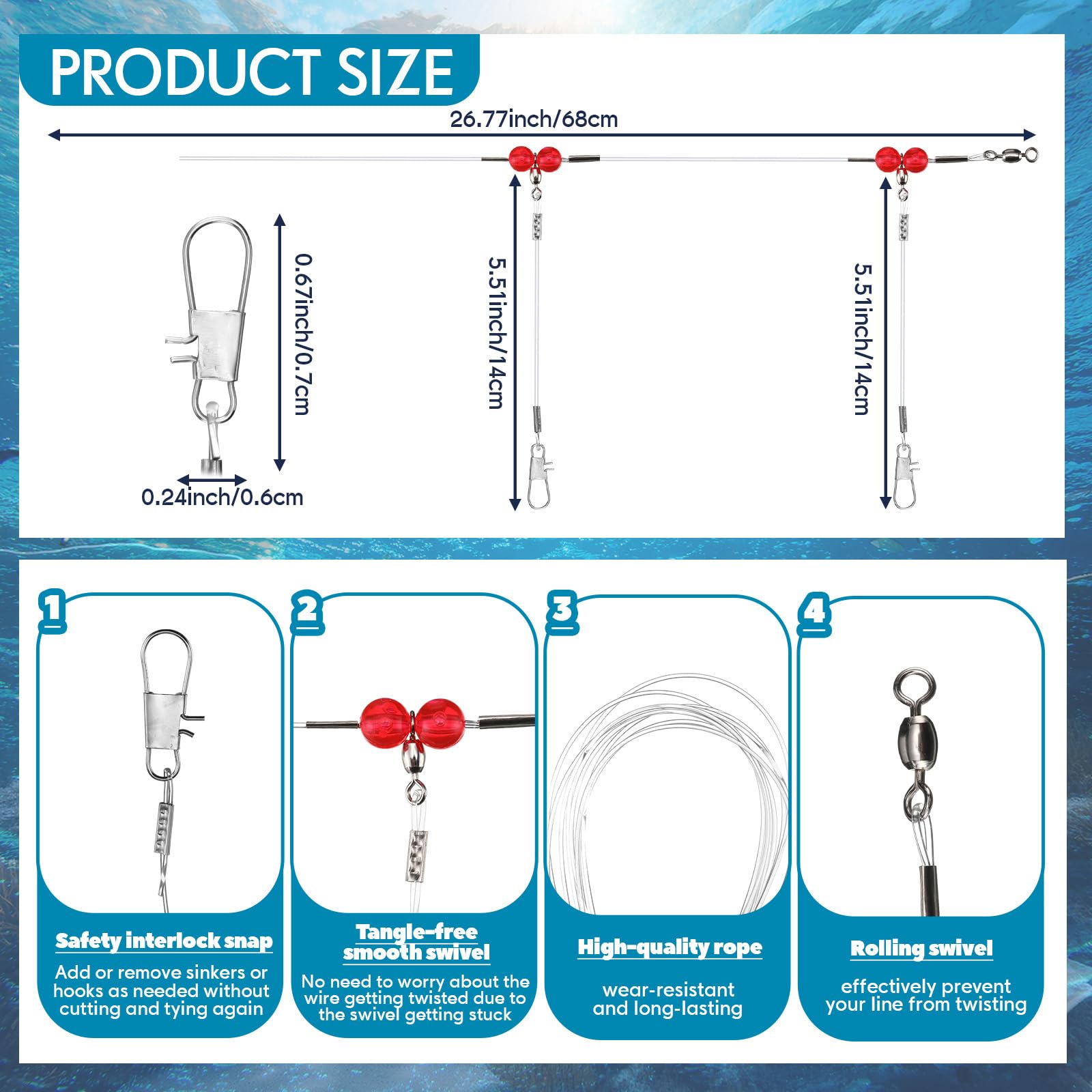 Sonwyoung 30 Pcs Fishing Leaders Stainless Steel Saltwater Tackle Rig with Swivels Snap High Strength Fishing Wire Gear Equipment for Saltwater, 2 arm